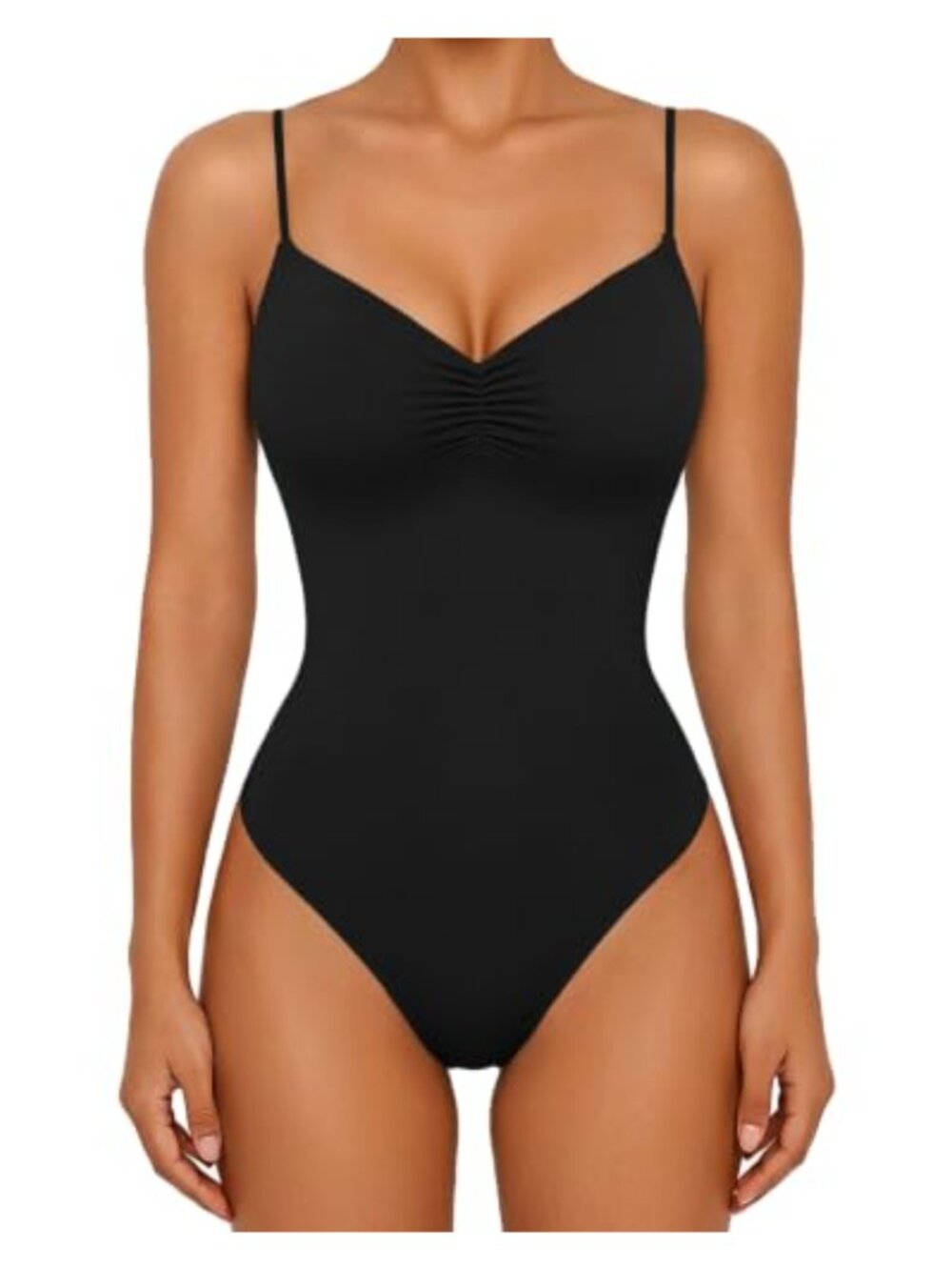 Ruched V Neck Thong Bodysuit Sleeveless Backless Double Lined Cami Top